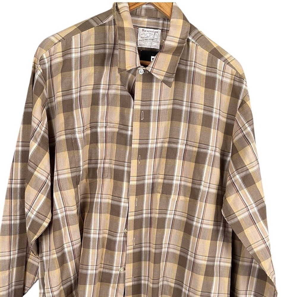 Vintage Sovereign Mens 17 XLT Tall Plaid Button Down Shirt Brown Tan Made in USA
